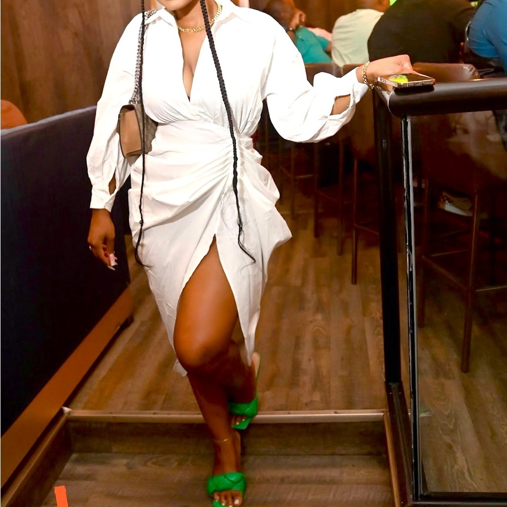 Balloon Sleeve Gathered Skirt Midi Shirt Dress